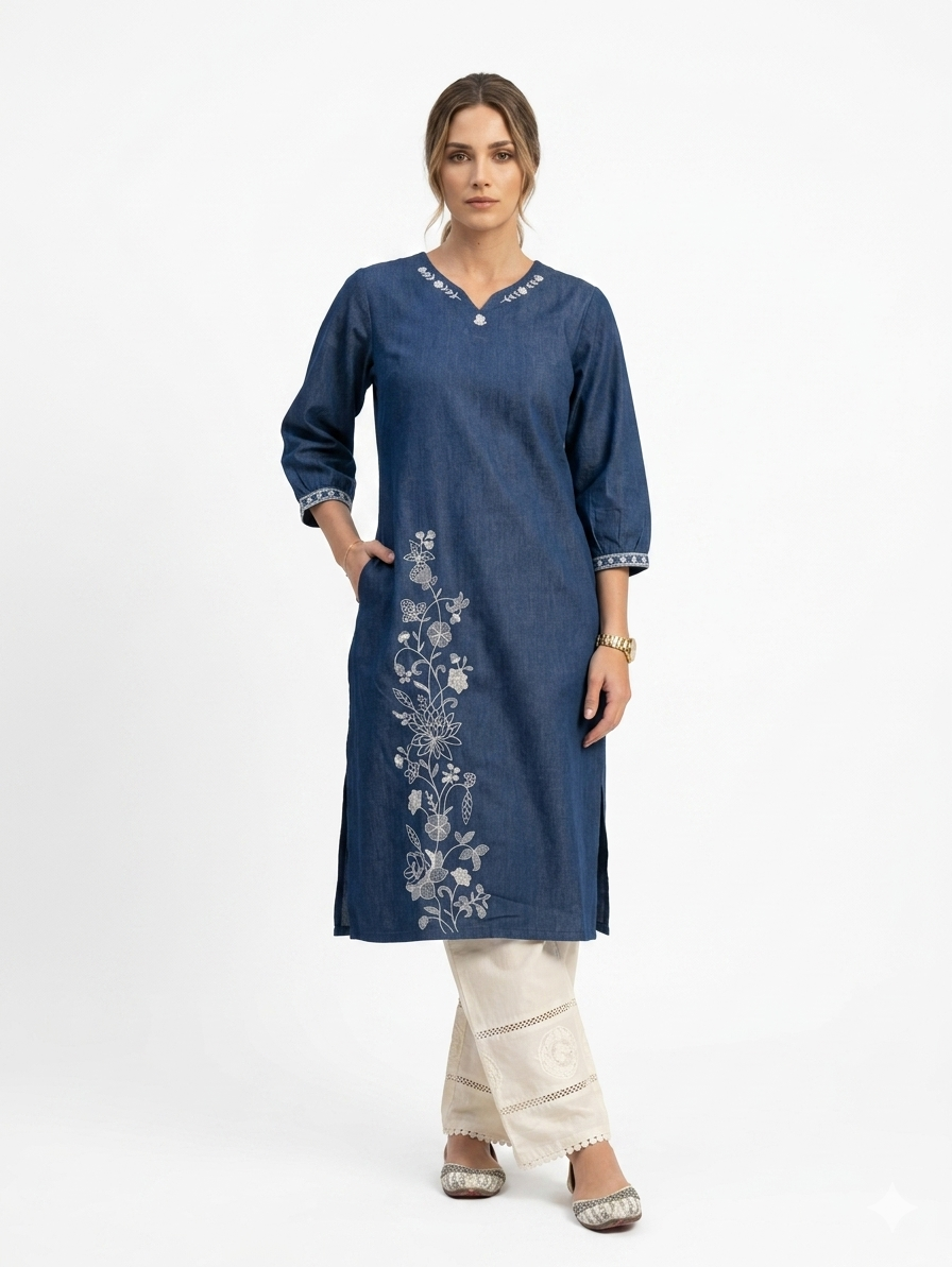 Blue Embroidered Denim Ethnic Kurti