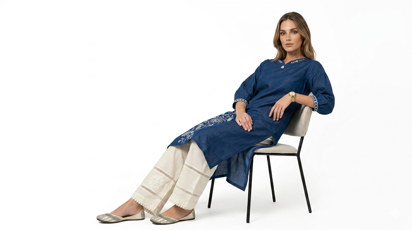 Blue Embroidered Denim Ethnic Kurti - Image 4