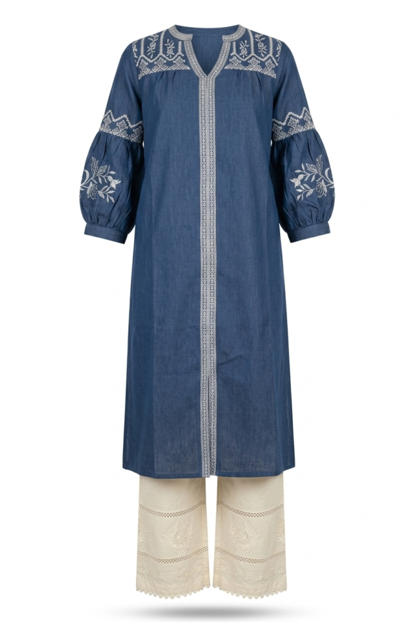 Blue Embroidered Denim Ethnic Kurti