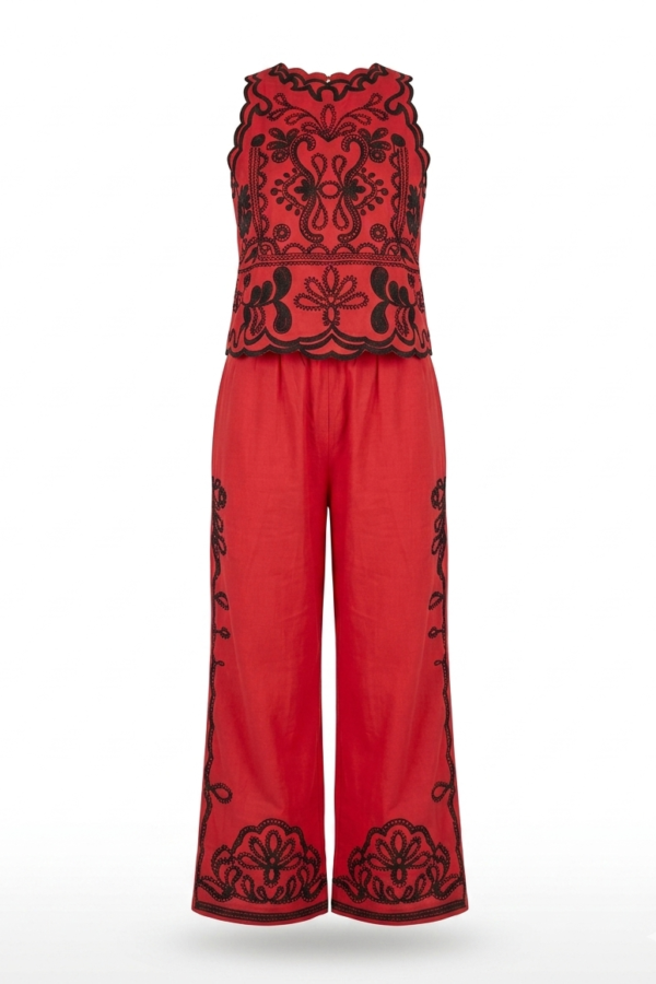 Women Red Embroidered Co-ord Set