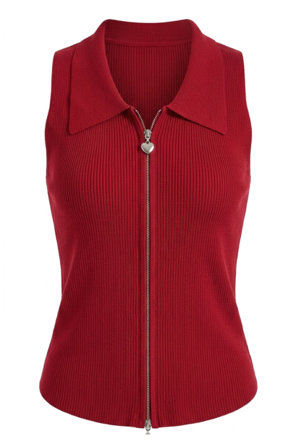 Women Red Ribbed Zip Top