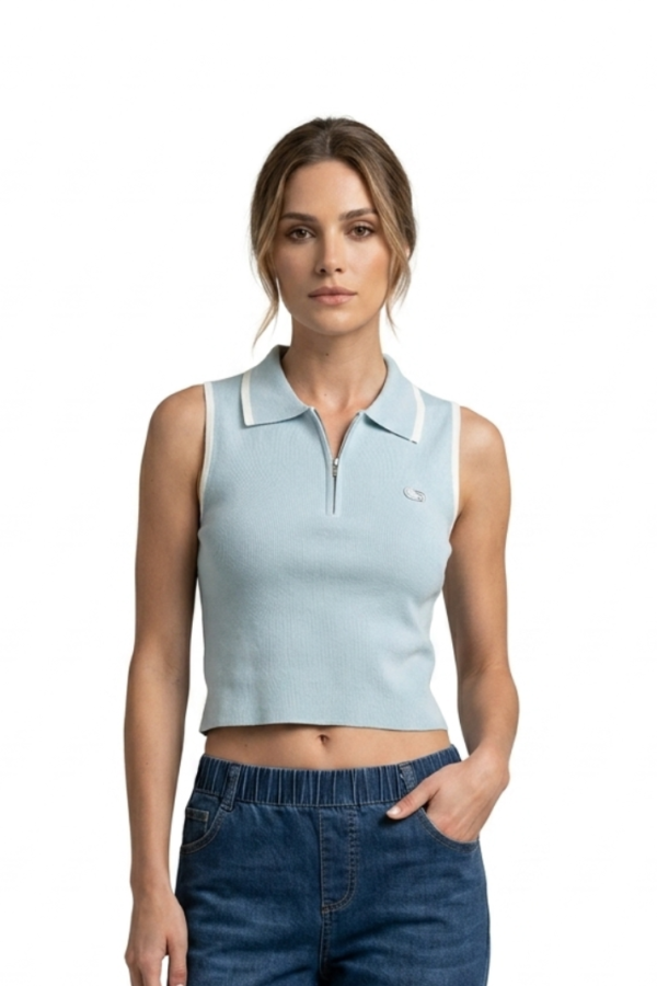 Women Blue Ribbed Zip Top