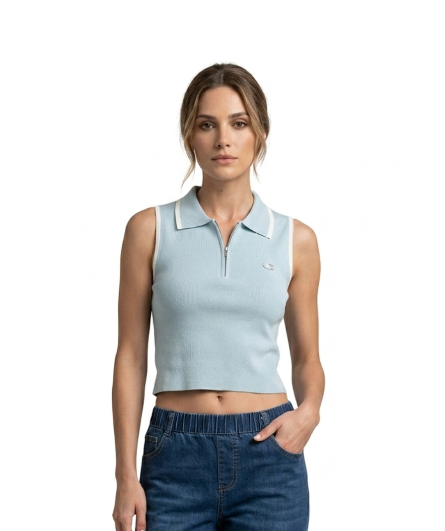 Women Blue Ribbed Zip Top