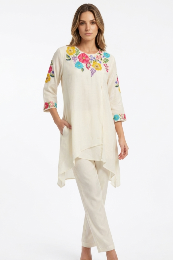 Floral Embroidered Off-White Co-ord