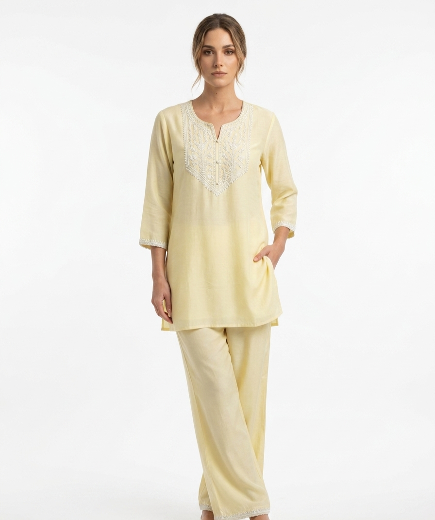 Pastel Yellow Embroidered Co-ord Set