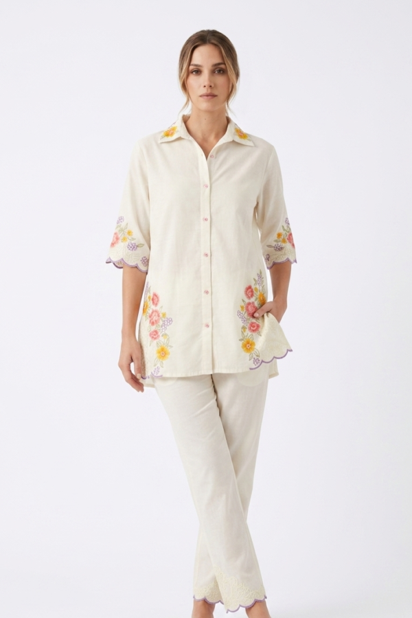 Floral Embroidered Off-White Co-ord Set