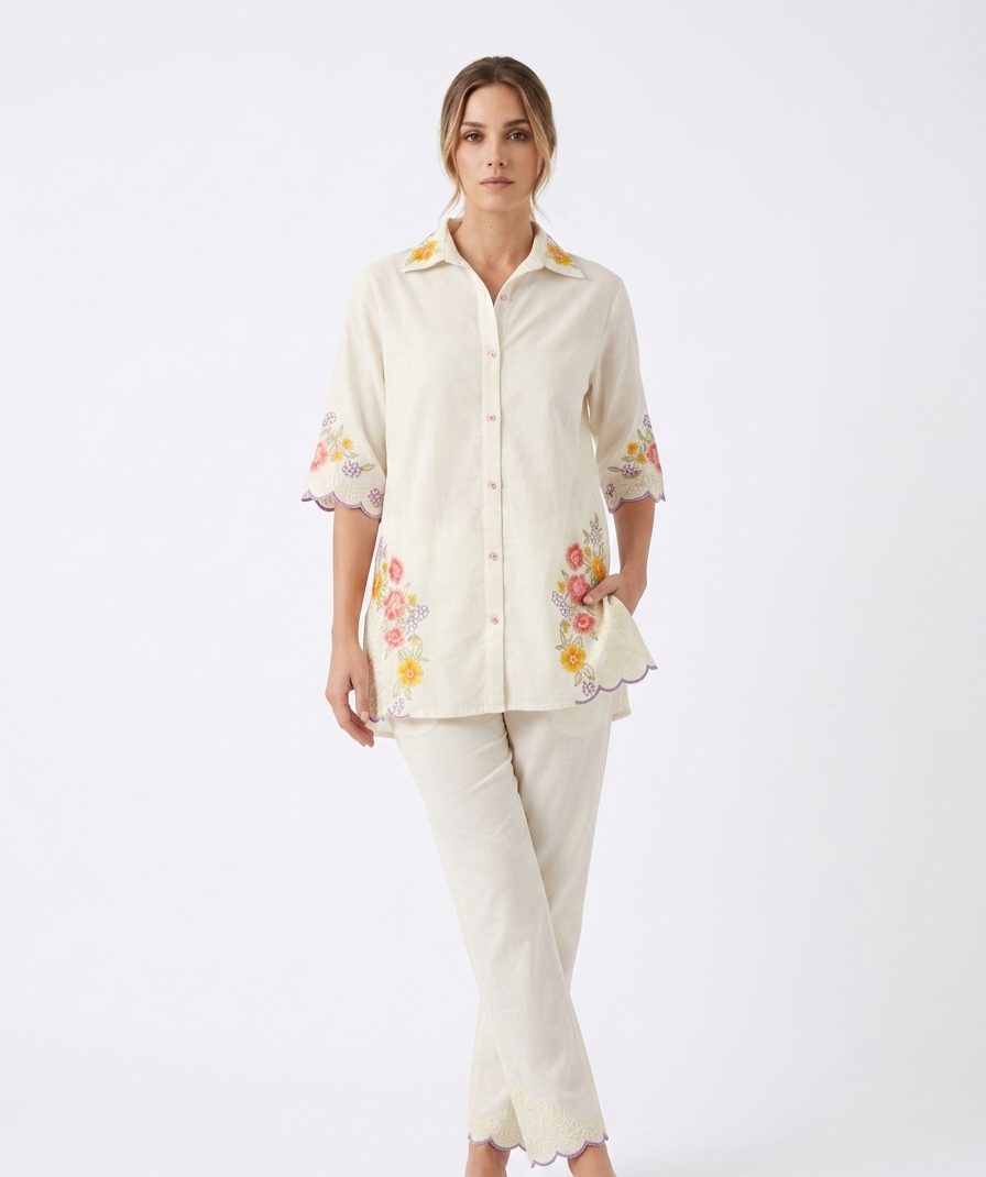Floral Embroidered Off-White Co-ord Set