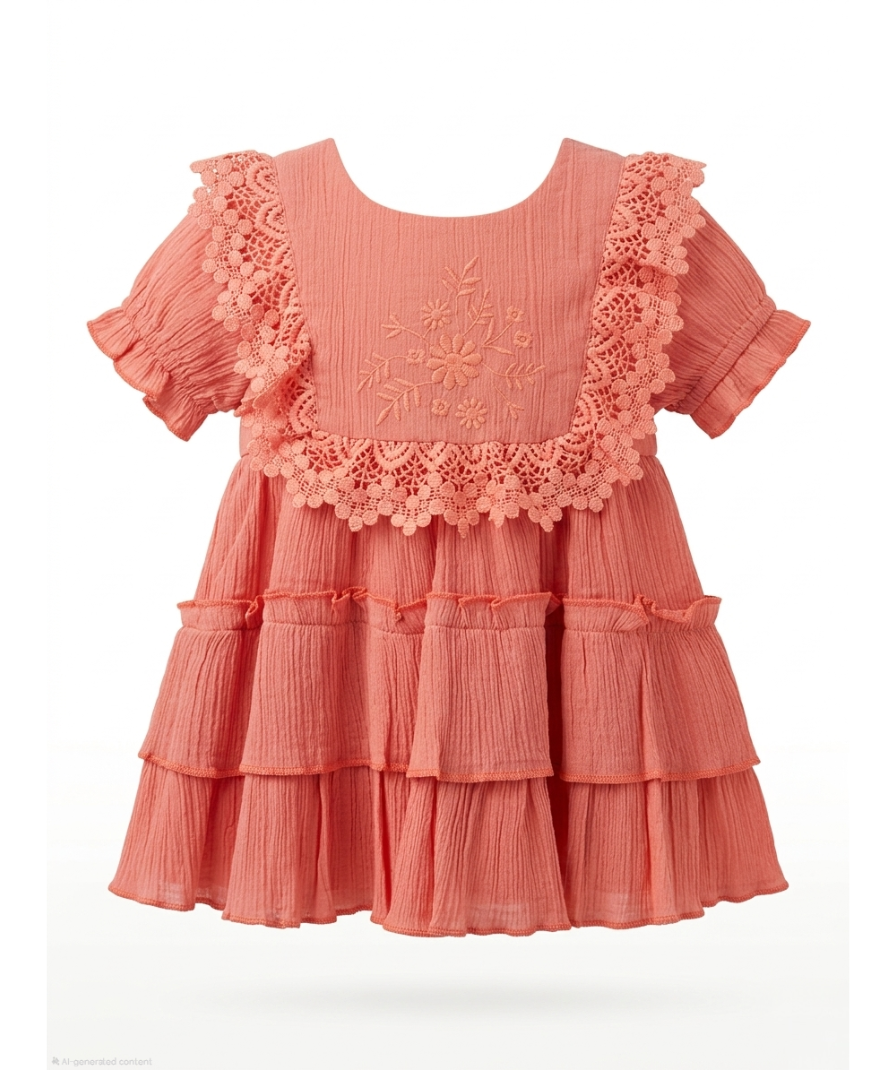 Baby Girls Peach Tiered Dress - Image 2