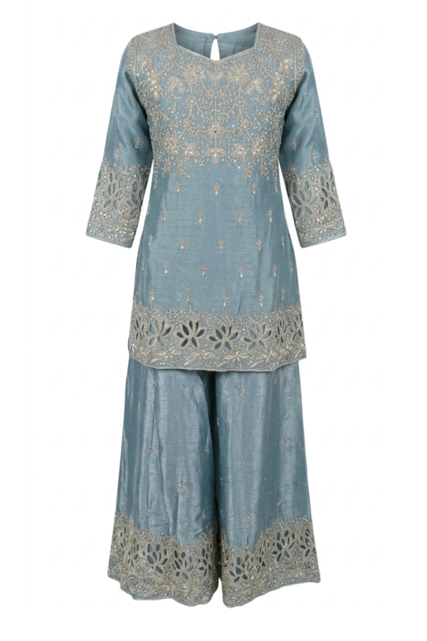 Blue Embroidered Sharara Set