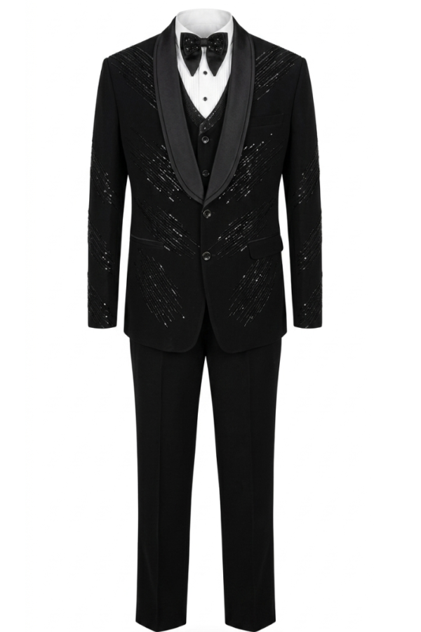 Black Sequin Embellished Tuxedo Set