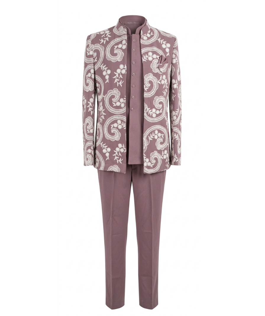 Mauve Floral Embroidered Jodhpuri Suit - Image 2