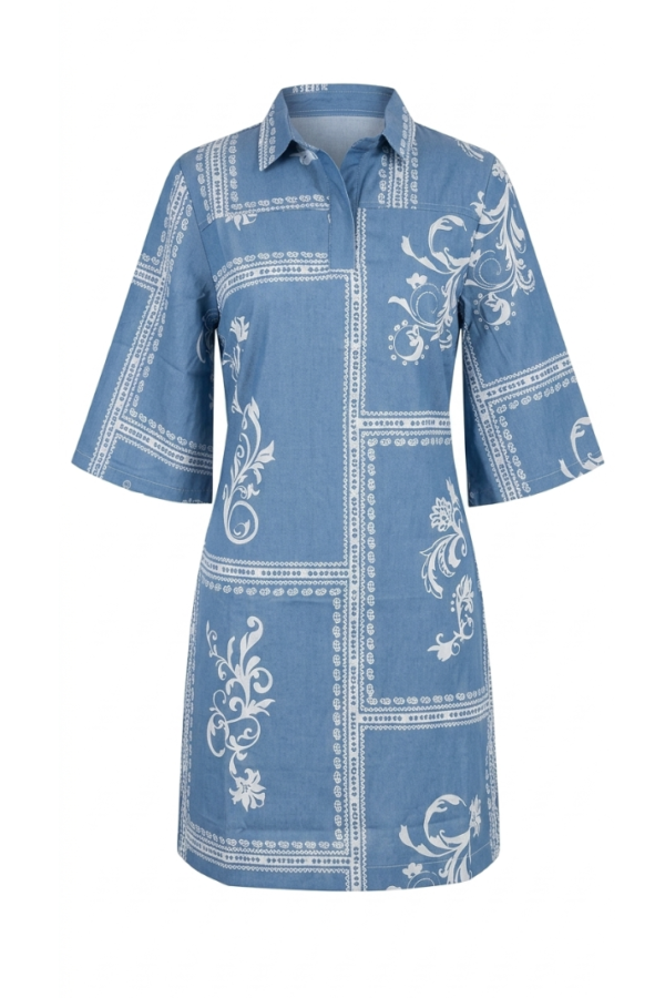 Blue Printed Casual Shirt Dress