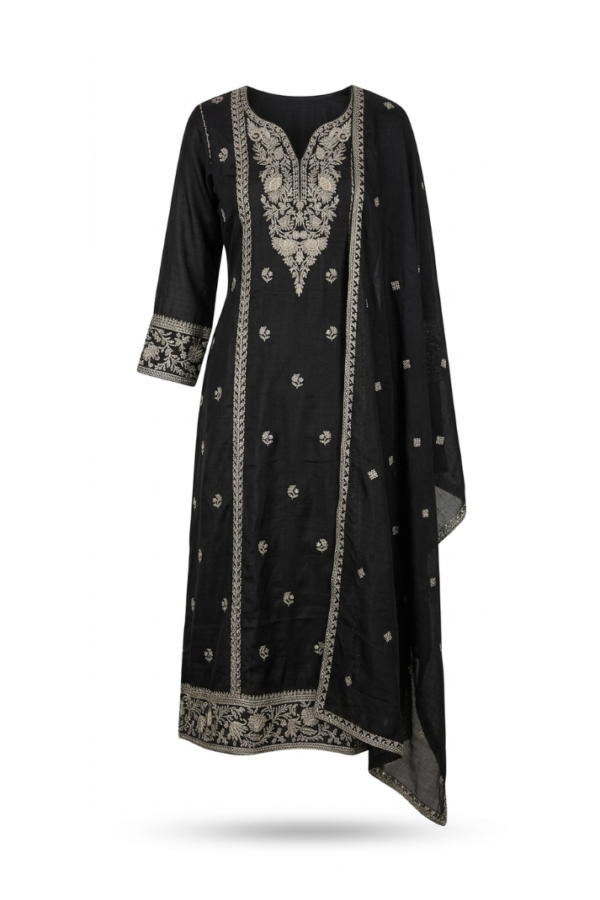 Black Embroidered Straight Kurta Set