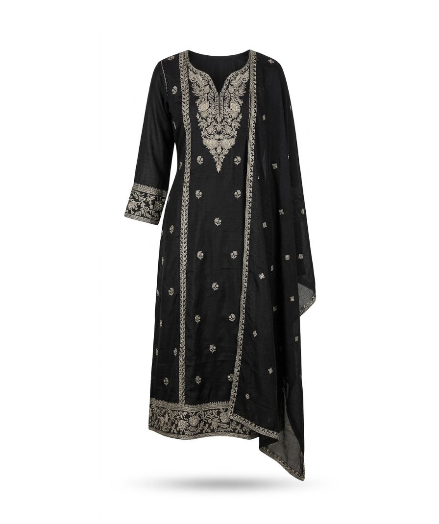 Black Embroidered Straight Kurta Set - Image 2