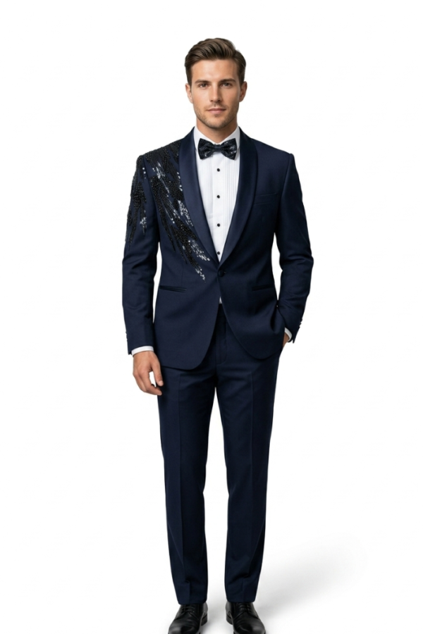 Navy Embellished Tuxedo Suit Set