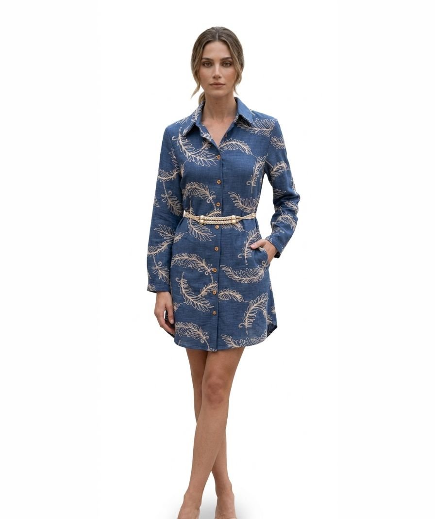 Embroidered Blue Denim Shirt Dress