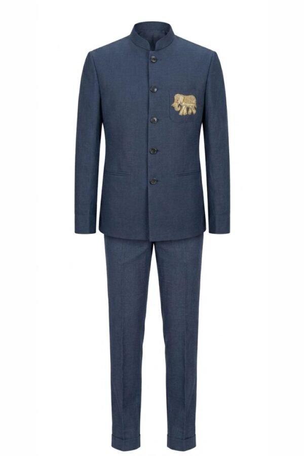 Blue Embroidered Bandhgala Suit Set