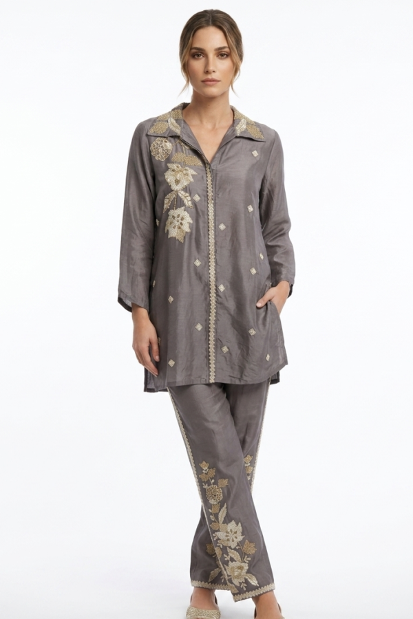 Embroidered Grey Silk Co-ord Set