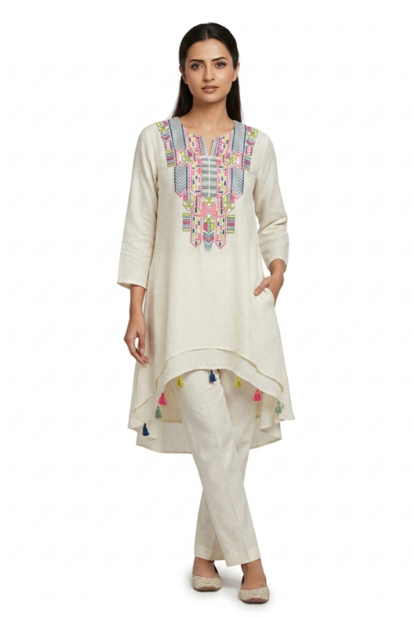 Embroidered Off-White Tassel Set