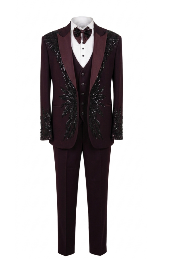 Men's Embellished Wine Tuxedo Set