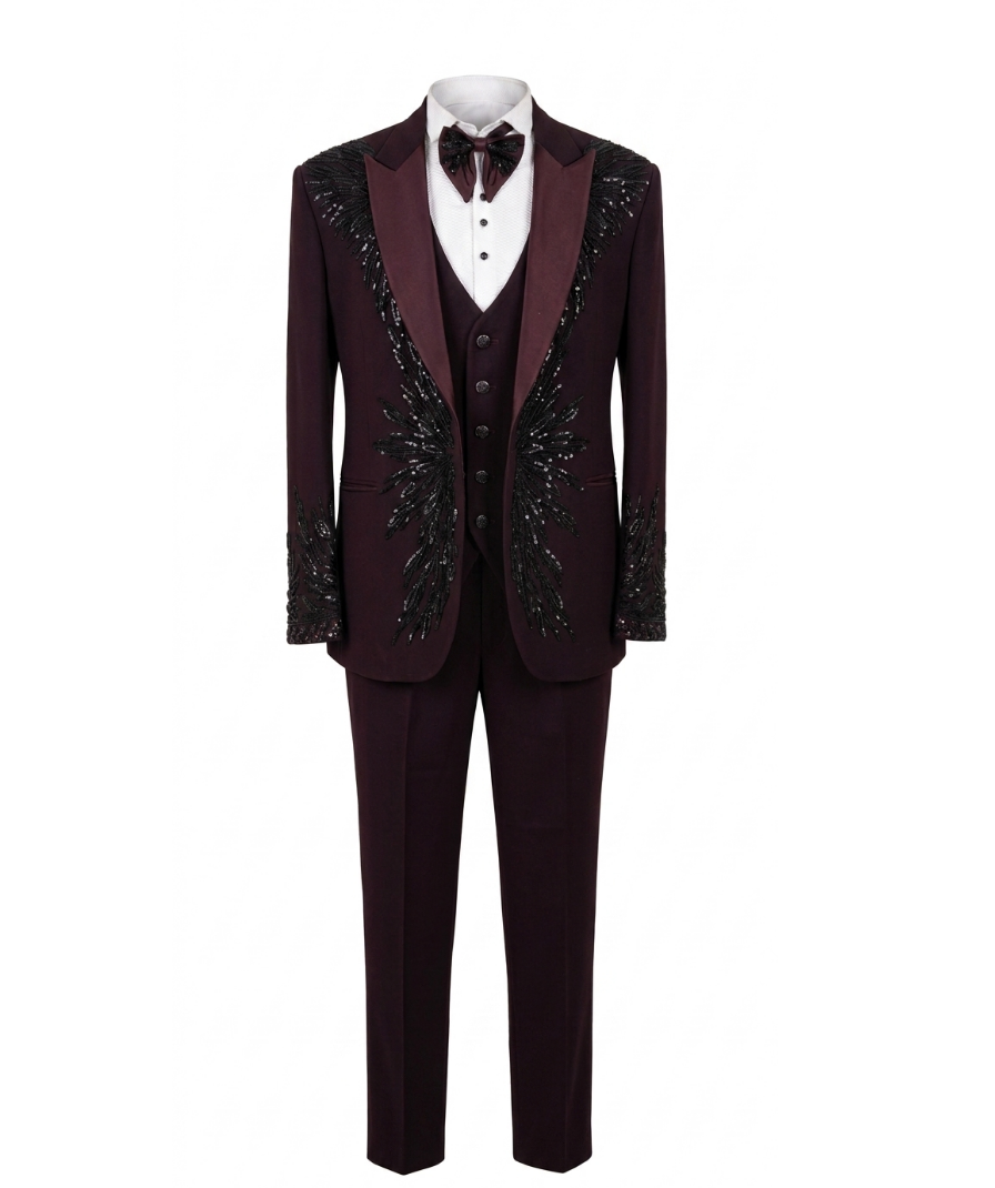Men's Embellished Wine Tuxedo Set - Image 2