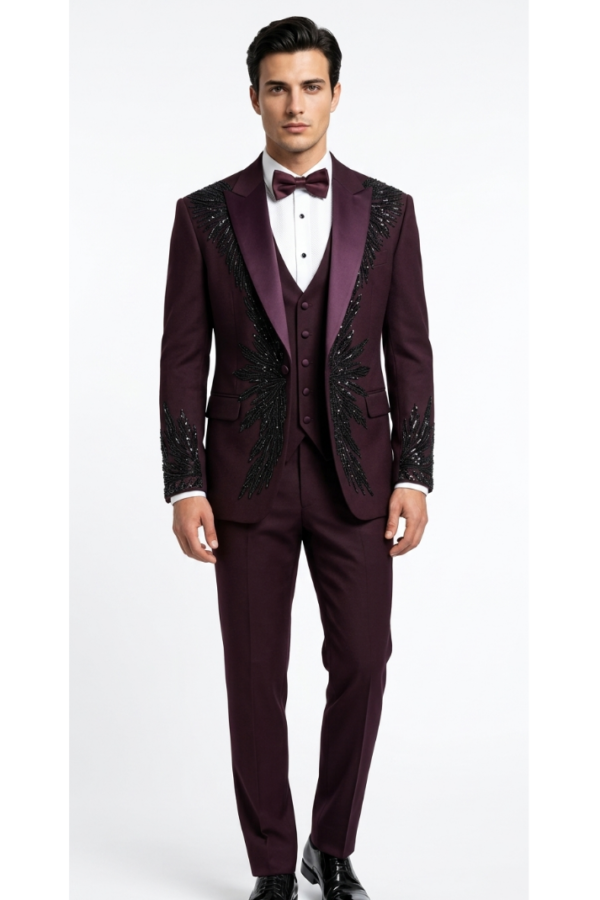 Men's Embellished Wine Tuxedo Set