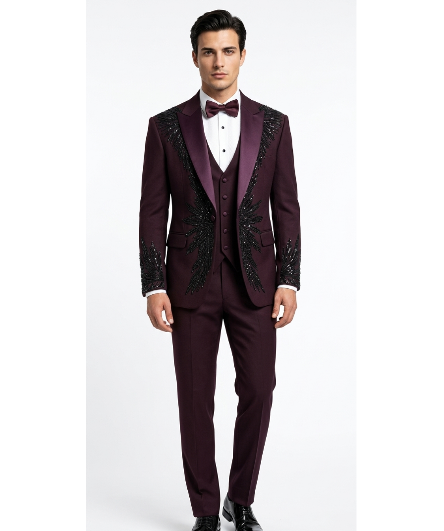 Men's Embellished Wine Tuxedo Set
