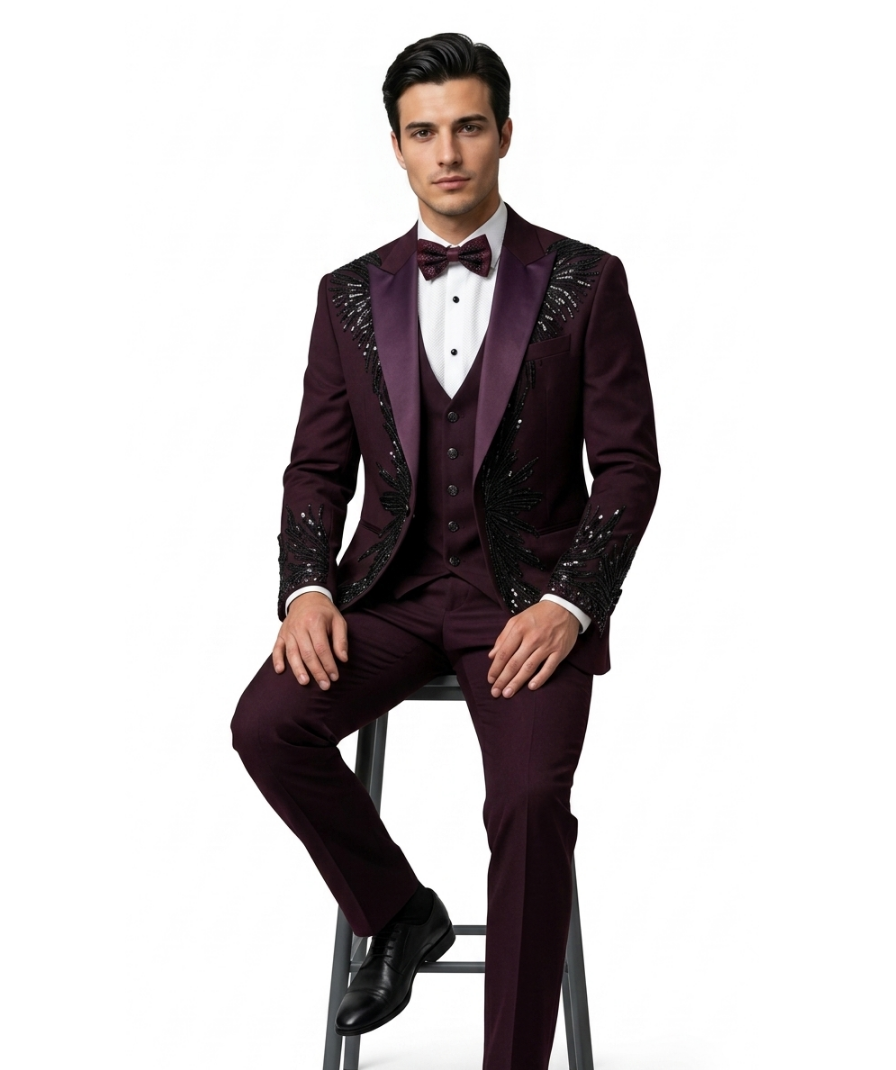 Men's Embellished Wine Tuxedo Set - Image 3