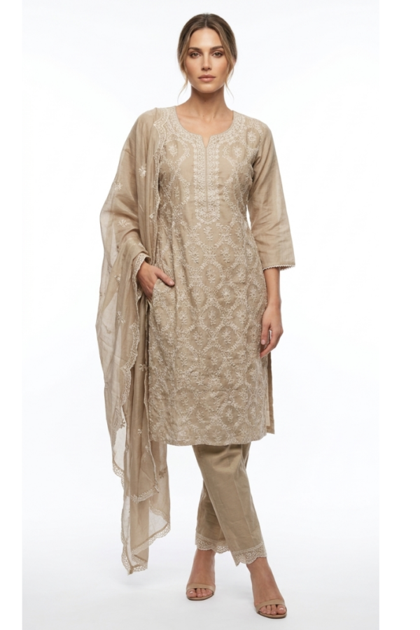 Beige Chikankari Kurta Set