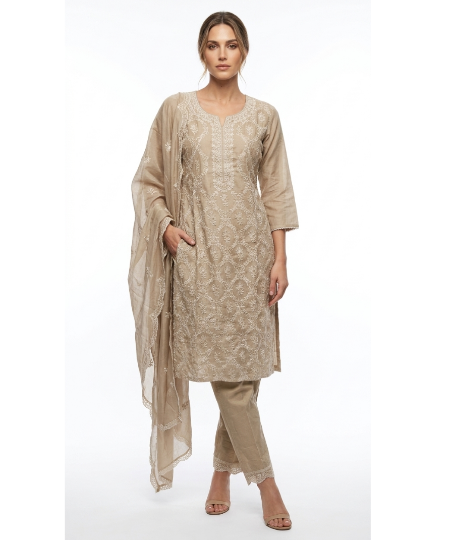 Beige Chikankari Kurta Set