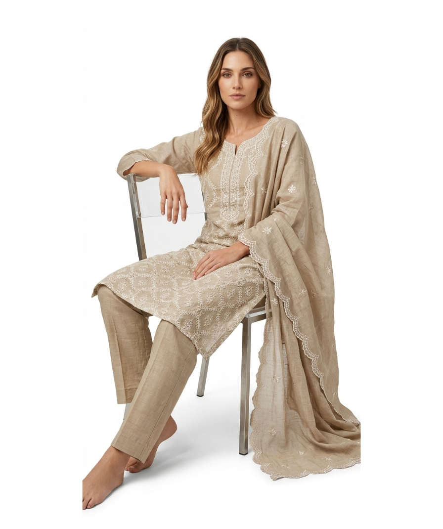 Beige Chikankari Kurta Set - Image 3
