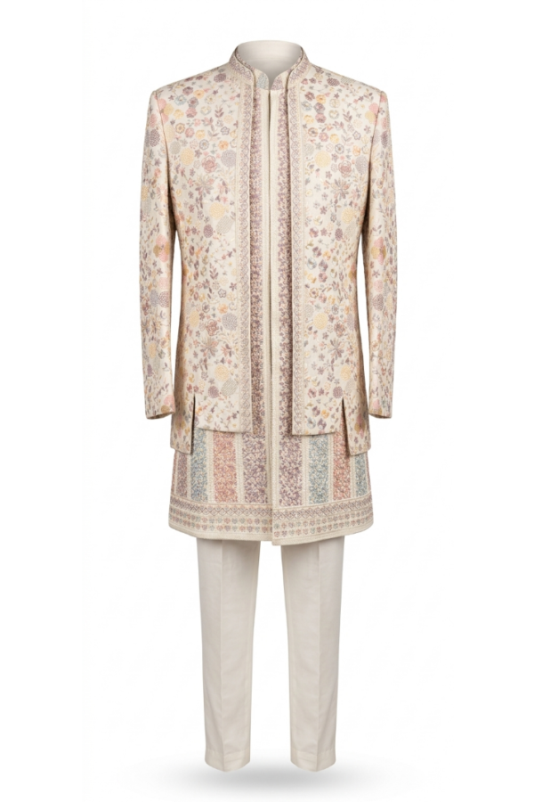 Beige Floral Embroidered Sherwani Set