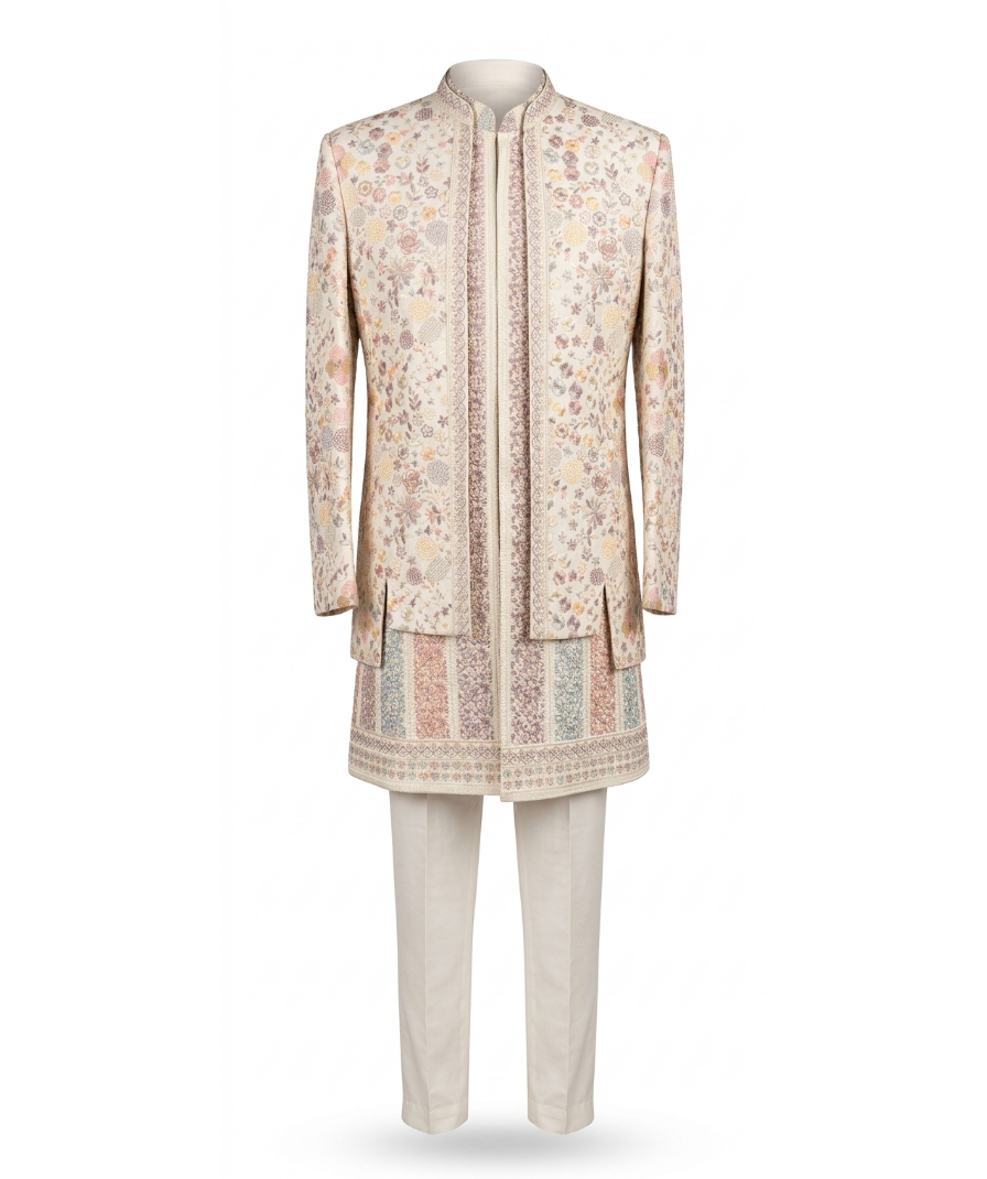 Beige Floral Embroidered Sherwani Set - Image 2