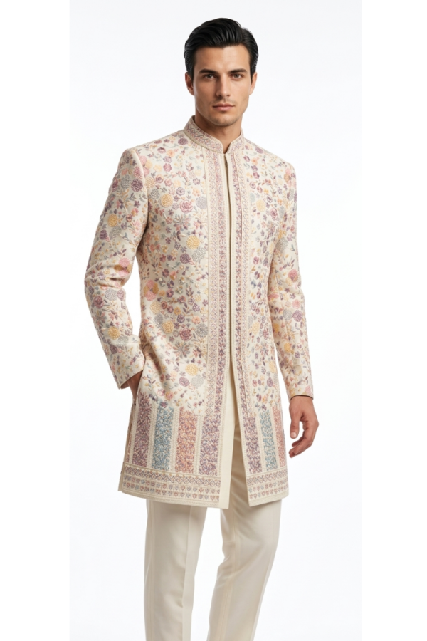 Beige Floral Embroidered Sherwani Set