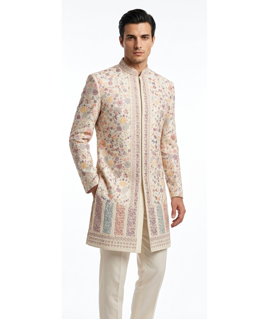 Beige Floral Embroidered Sherwani Set