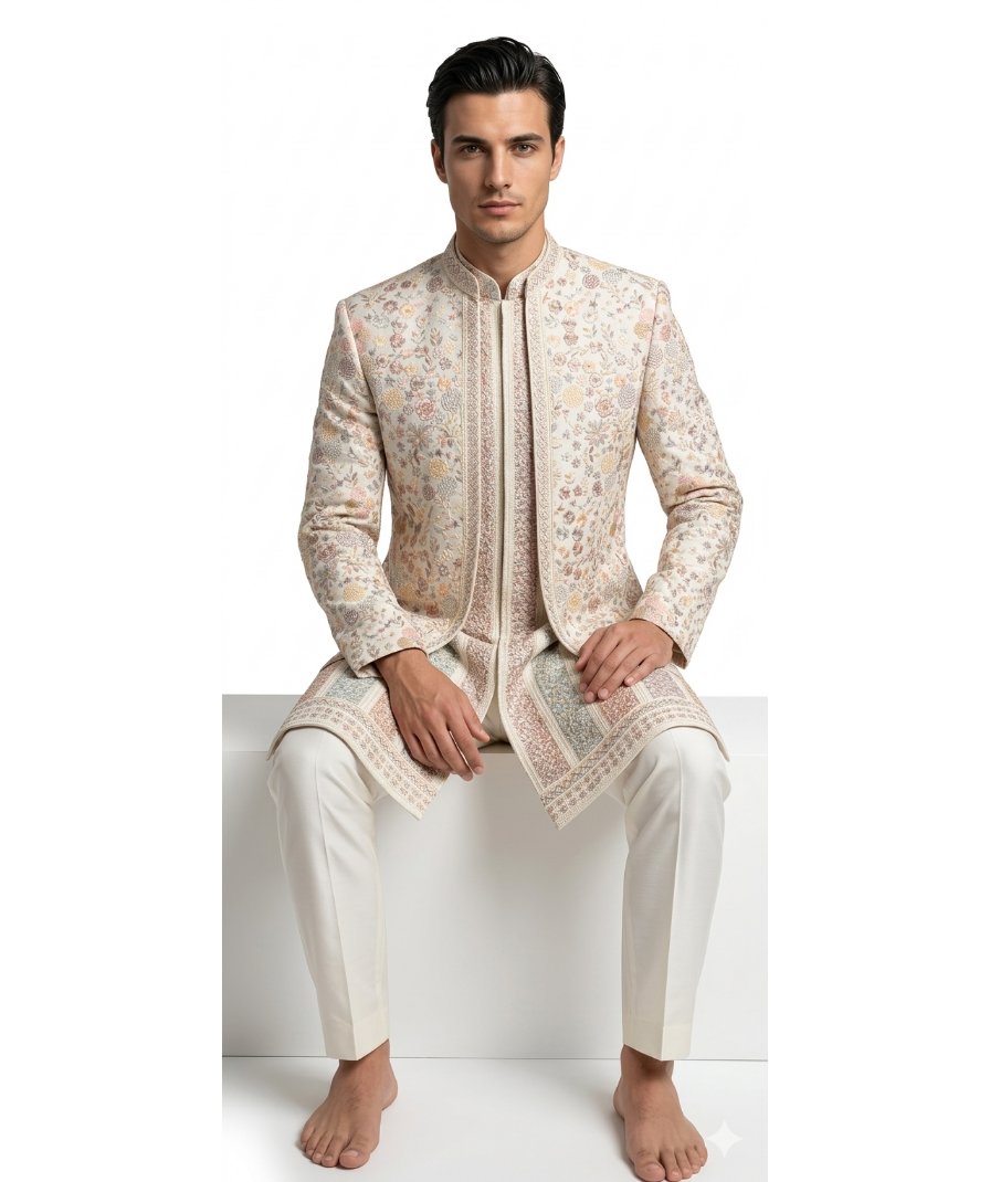 Beige Floral Embroidered Sherwani Set - Image 3