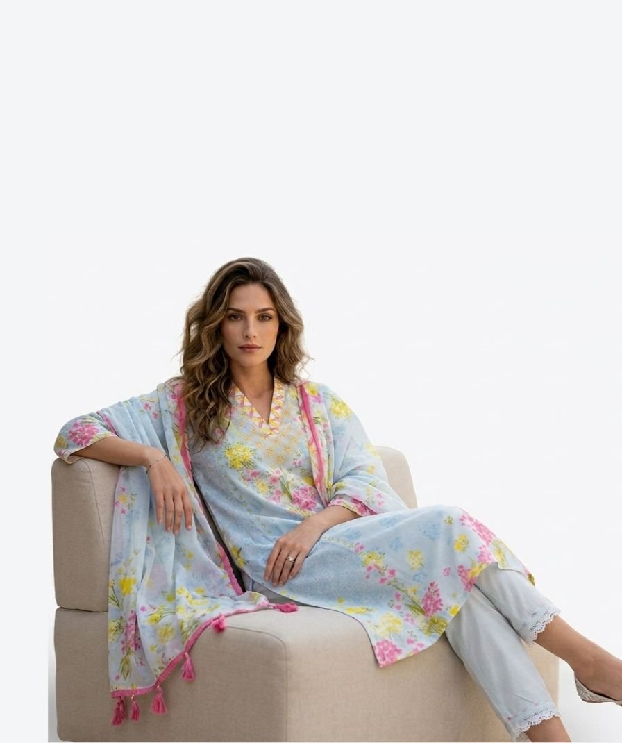 Women Blue Printed Kurta Set - Image 3