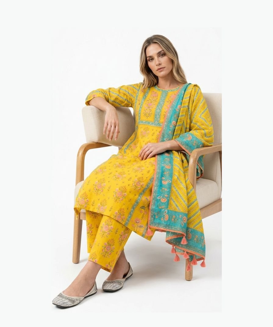 Women Yellow Printed Kurta Set - Image 3