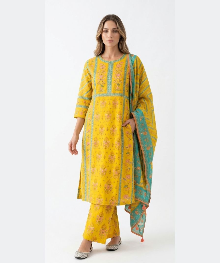 Women Yellow Printed Kurta Set