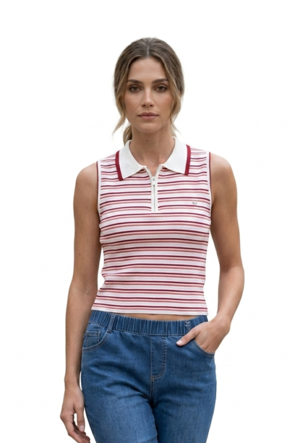 Women Striped Zip Polo Top
