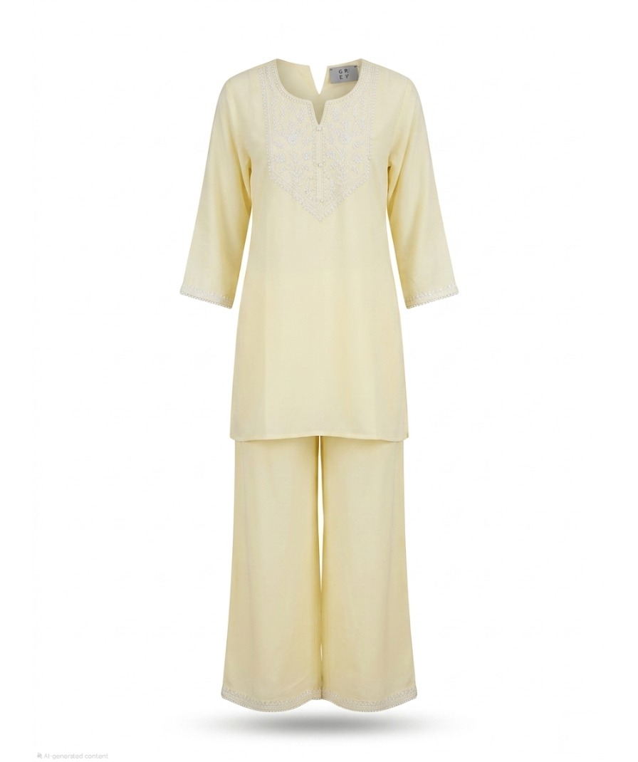 Pastel Yellow Embroidered Co-ord Set - Image 3