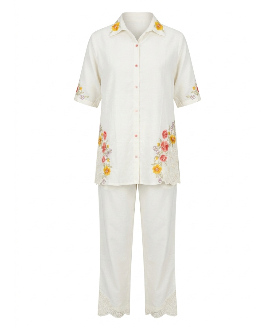 Floral Embroidered Off-White Co-ord Set - Image 3