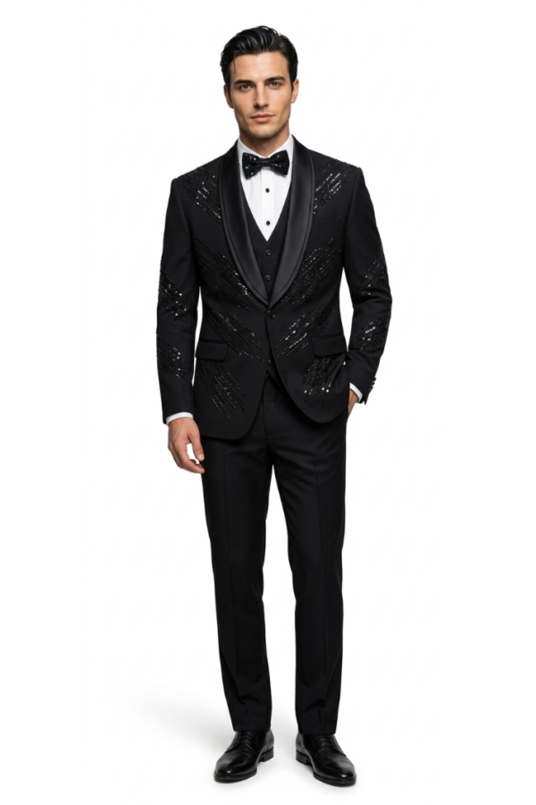 Black Sequin Embellished Tuxedo Set