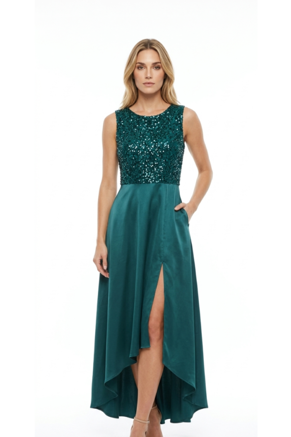 Emerald Sequin High-Low Evening Gown