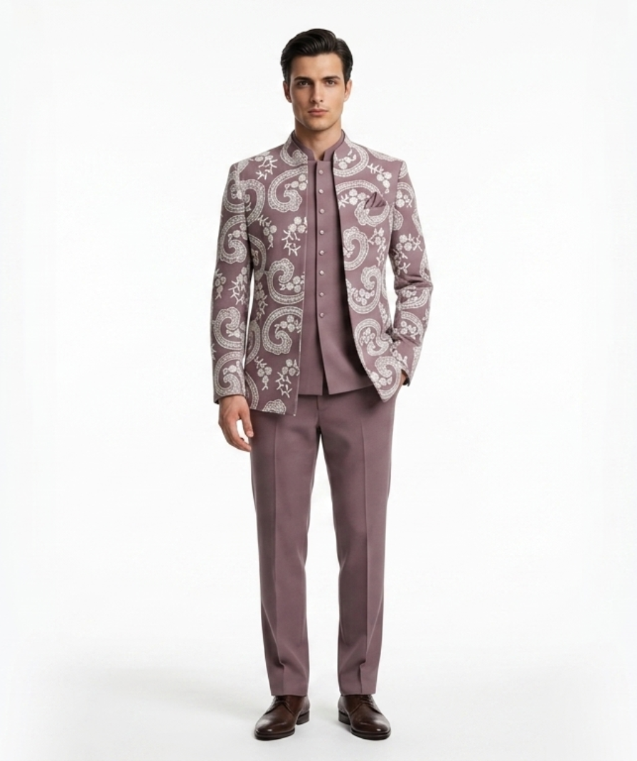 Mauve Floral Embroidered Jodhpuri Suit