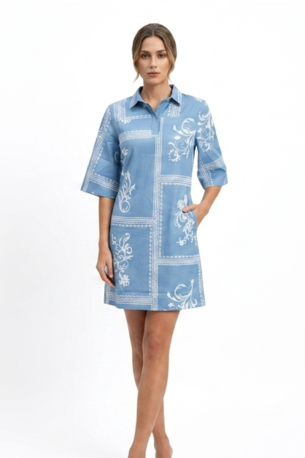 Blue Printed Casual Shirt Dress
