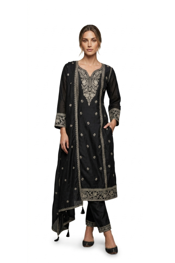 Black Embroidered Straight Kurta Set