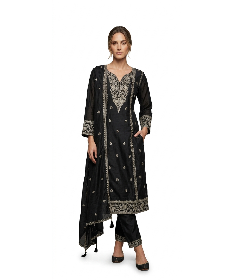 Black Embroidered Straight Kurta Set