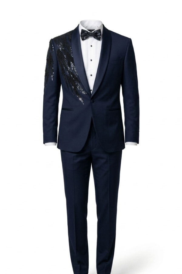 Navy Embellished Tuxedo Suit Set