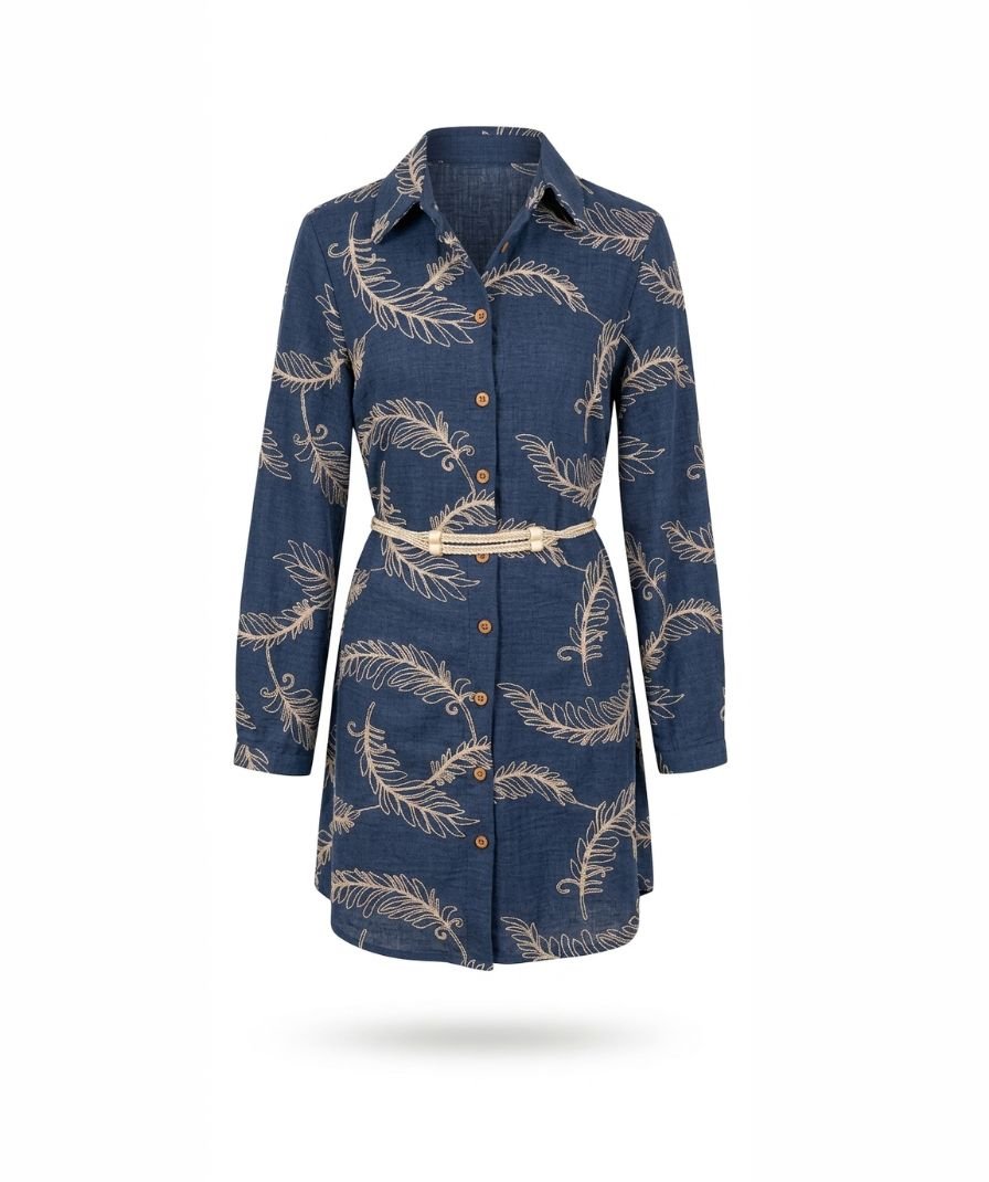 Embroidered Blue Denim Shirt Dress - Image 2